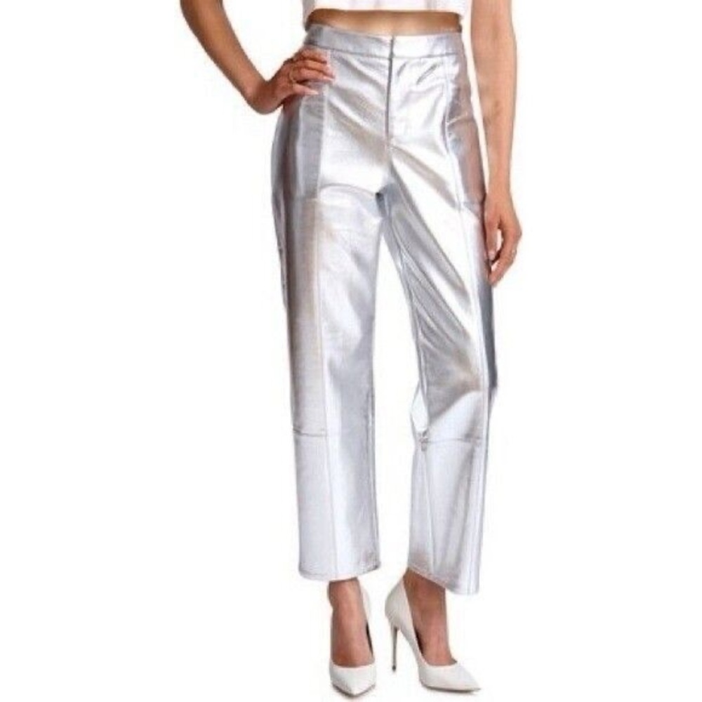 Avec Les Filles | Metallic Silver High Waist Ankle Straight Leg Pants - NWOT